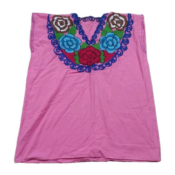 Vintage Handmade Huipil Pink Embroidered Sleeveless Square Poncho Top - Picture 1 of 7